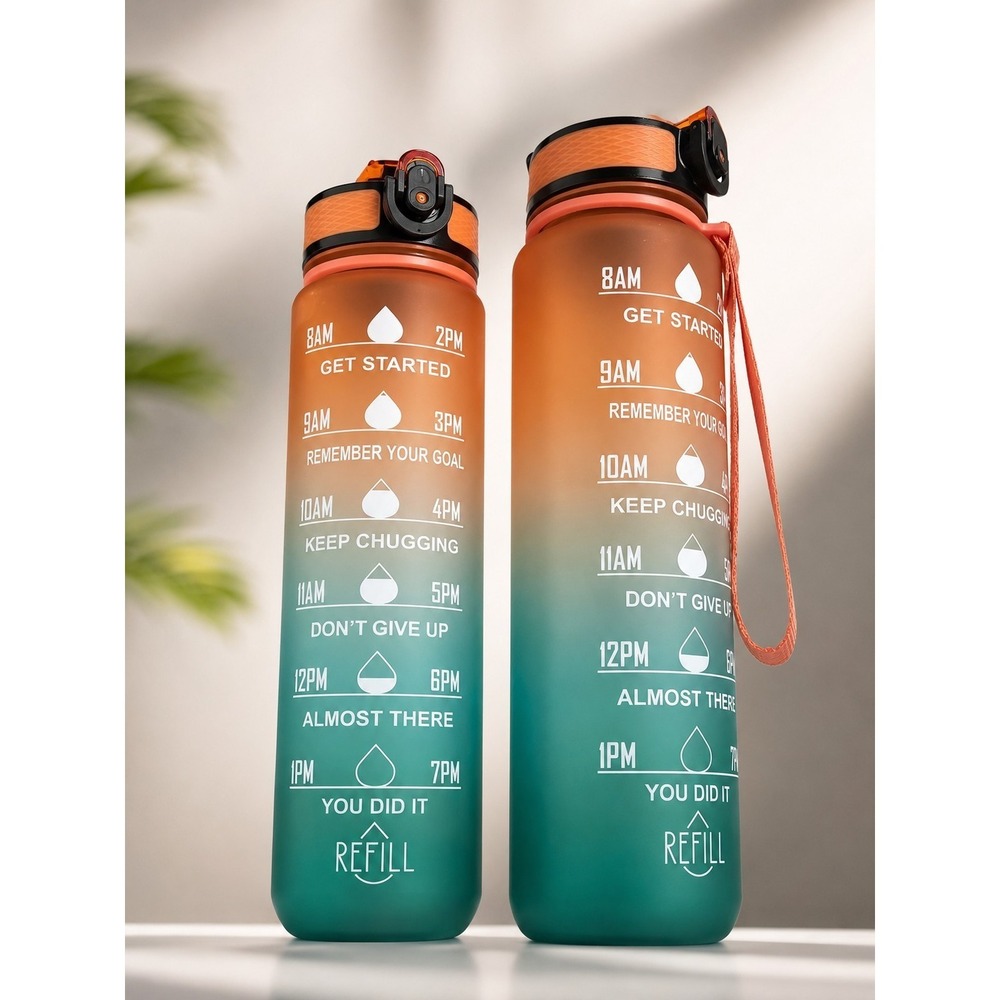 Motivational Water Bottle Time Marker Daily Intake Hydration 32oz Easy Open 2 Pk